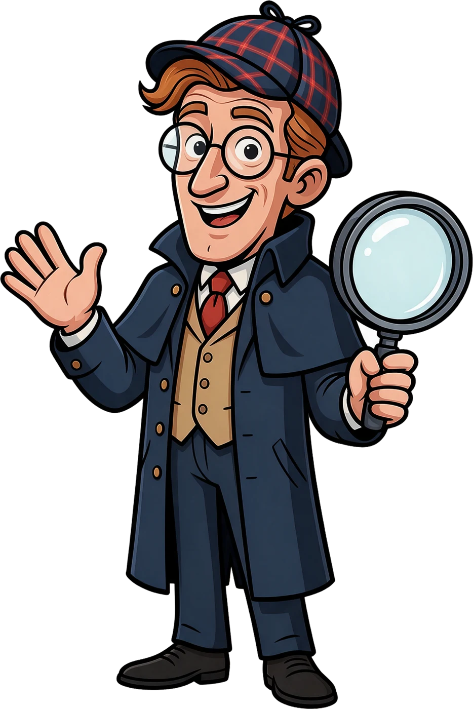 The Enterprise Detective: a friendly cartoon detective in a plaid deerstalker and navy caped coat, waving and holding a magnifying glass.